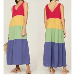 Marine Layer Corinne Dress Sleeveless Tiered Maxi Rainbow Colorblock NWT XL